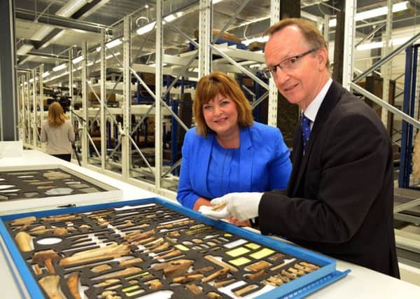 Culture secretary Fiona Hyslop and Gordon Rintoul, director of the National Museums of Scotland during the opening of a £12m building at the National Museums Collection Centre in Granton. Picture: Jon Savage