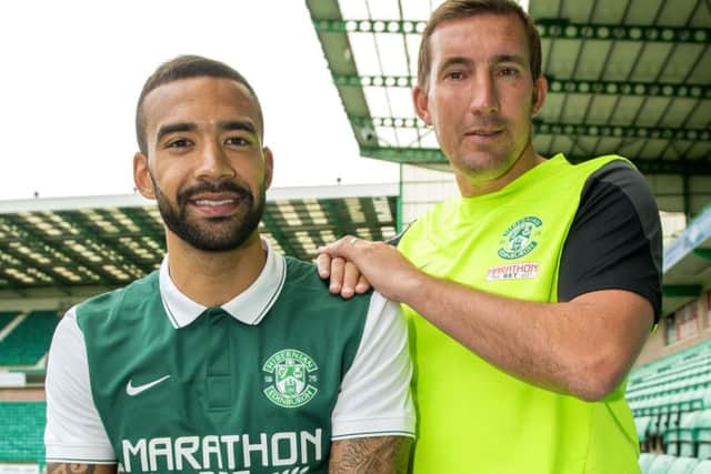 Liam Fontaine with manager Alan Stubbs after signing a new two-year deal at Hibernian. Picture: SNS Group