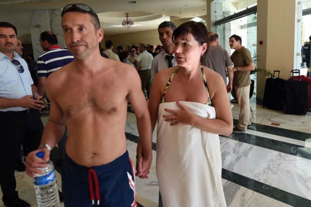 Tourists react in the Imperial hotel at the resort town of Sousse. Picture: AFP/Getty Images