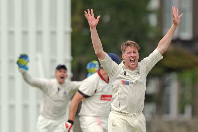 John Blain successfully appeals for the wicket of Andy Learmonth in the 74 all out demolition of Watsonians. Picture: Neil Hanna