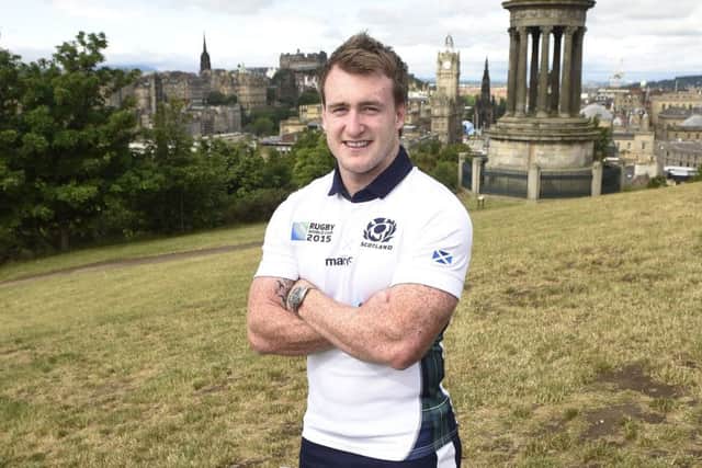 Stuart Hogg models Scotland's new strip for the World Cup at the top of Calton Hill. Picture: Greg Macvean