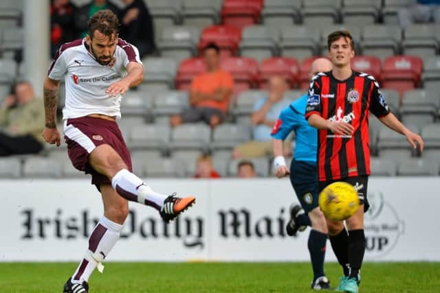 Blazej Augustyn takes a shot during Hearts' midweek friendly win over Bohemians. Picture: Sam Barnes/SPORTSFILE