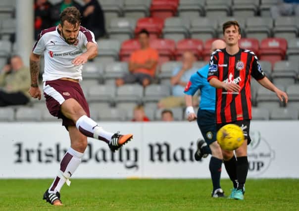 Blazej Augustyn takes a shot during Hearts' midweek friendly win over Bohemians. Picture: Sam Barnes/SPORTSFILE