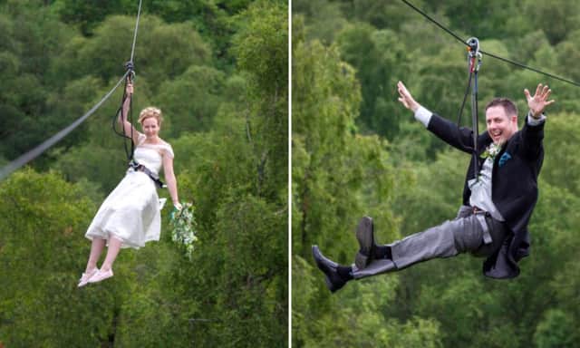 Colette Gregory and Martyn Milner zipwire down the aisle at Aberfoyle's Go Ape. Picture: Hemedia