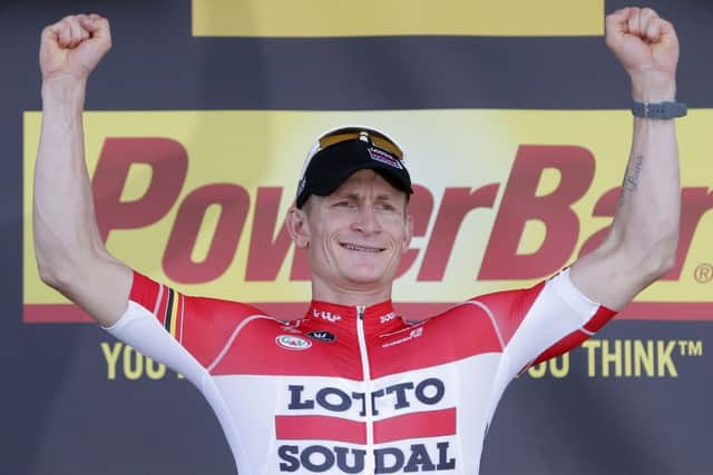 Stage winner Andre Greipel celebrates on the podium. Picture: AP Photo