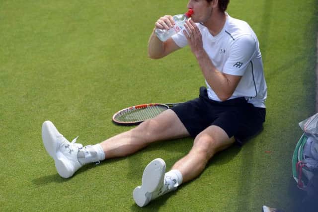 Andy Murray takes on water during a practice session at Wimbledon yesterday. Picture: PA