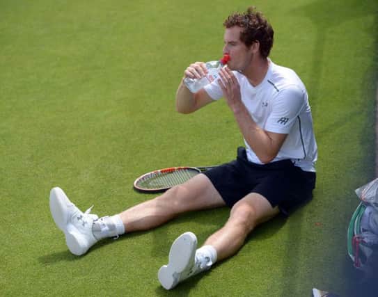 Andy Murray takes on water during a practice session at Wimbledon yesterday. Picture: PA
