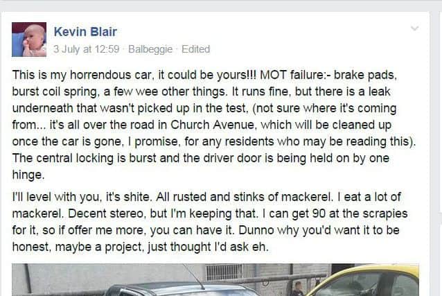 The advert posted by Kevin Blair for the sale of his old Ford Fiesta. Picture: Hemedia