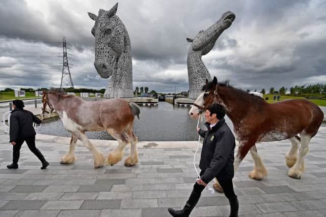 Two horses pass the Kelpies sculpture as Princess Anne officially opens the Falkirk attraction. Picture: Getty Images