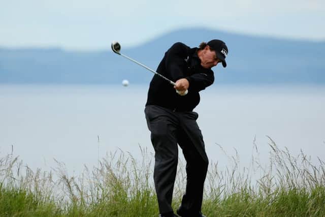 Phil Mickelson hits his tee shot on the ninth hole during yesterdays proam at Gullane. Picture: Mike Ehrmann/Getty