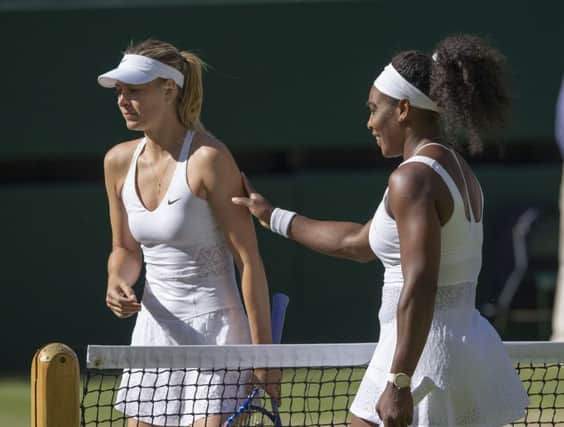 Maria Sharapova and Serena Williams leave court after another Williams triumph. Picture: Ian Rutherford