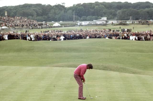 Doug Sanders attempting a short putt across the 'Valley of Sin' at the 18th hole at St Andrews during the 1970 British Open Championship. Picture: Getty