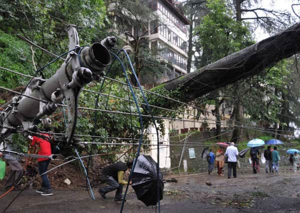 A pedestrian ducks under a collapsed telegraph pole and uprooted tree in the northern town of Shimla after the monsoon rains. Picture: Getty
