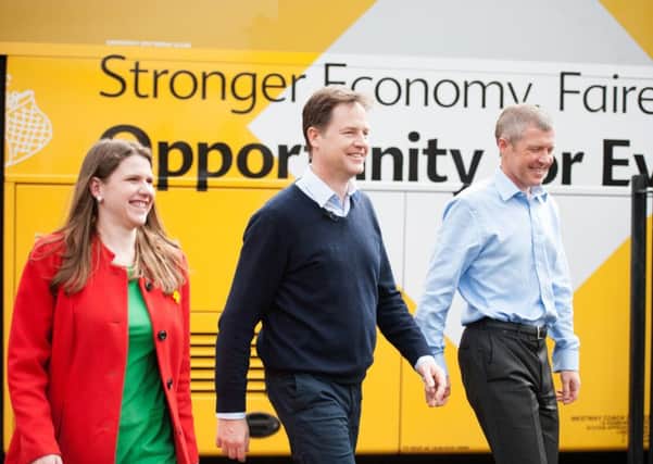 Nick Clegg, Jo Swinson and Leader of the Scottish Liberal Democrats Willie Rennie on the campaign trail during the General Election. Picture: John Devlin