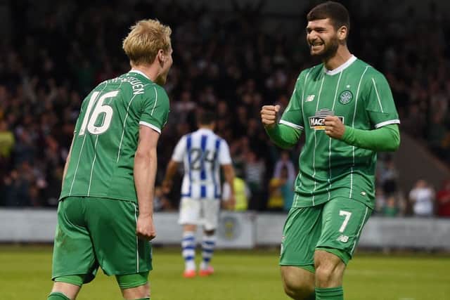 Nadir Ciftci, right, congratulates Gary MackaySteven after he scored the winner against Real Sociedad. Picture: SNS
