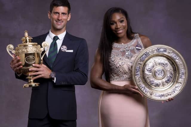 Wimbledon mens and womens singles champions Novak Djokovic and Serena Williams pose with their trophies at the Champions Dinner at Londons Guildhall. Picture: AFP/Getty
