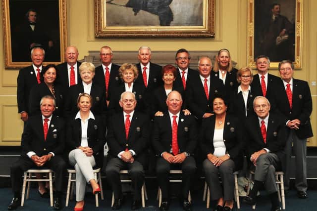 Guests at the World Golf Hall of Fame Induction at St Andrews University yesterday, the first time the ceremony has been held outside Florida. Back row, from left: Isao Aoki, Sir Michael Bonallack, Sandy Lyle, Sir Bob Charles, Tony Jacklin, Carol Mann and Ken Schofield. Middle row, from left: Amy Alcott, Pat Bradley, Hollis Stacy, Donna Caponi Byrnes, Curtis Strange, Judy Rankin and Peter Thomson. Front row, from left: Gary Player, Annika Sorenstam, David Graham, Mark OMeara, Nancy Lopez and Arnold Palmer  Picture: Matthew Lewis/Getty Images
