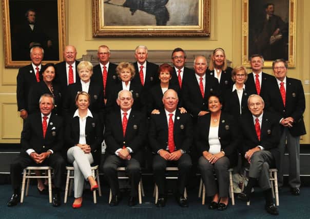 Guests at the World Golf Hall of Fame Induction at St Andrews University yesterday, the first time the ceremony has been held outside Florida. Back row, from left: Isao Aoki, Sir Michael Bonallack, Sandy Lyle, Sir Bob Charles, Tony Jacklin, Carol Mann and Ken Schofield. Middle row, from left: Amy Alcott, Pat Bradley, Hollis Stacy, Donna Caponi Byrnes, Curtis Strange, Judy Rankin and Peter Thomson. Front row, from left: Gary Player, Annika Sorenstam, David Graham, Mark OMeara, Nancy Lopez and Arnold Palmer  Picture: Matthew Lewis/Getty Images