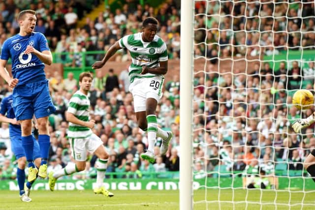 Dedryck Boyata rises to meet Stefan Johansen's corner, powering a header past Gunnar Nielsen in the Stjarnan goal. Picture: SNS