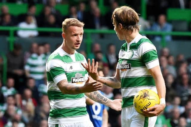 Leigh Griffiths argues with Stefan Johansen over who should take the penalty against Stjarnan. Picture: SNS