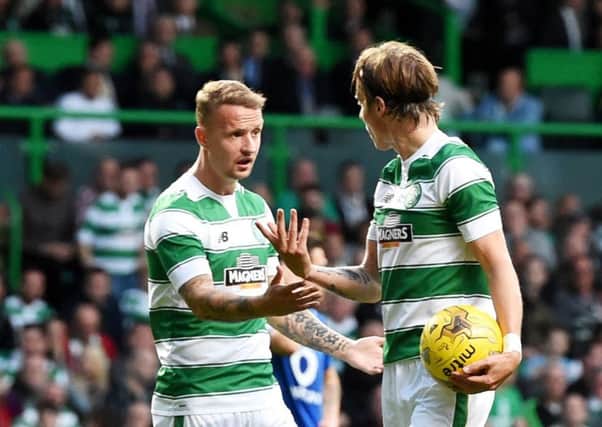 Leigh Griffiths argues with Stefan Johansen over who should take the penalty against Stjarnan. Picture: SNS