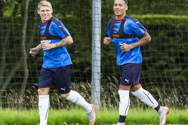 Rangers' James Tavernier (right) and Martyn Waghorn signed three-year deals after making the move from English side Wigan. Picture: SNS