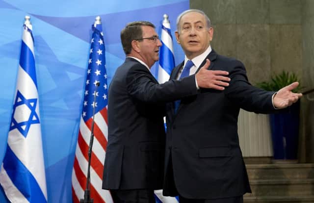 Netanyahu, right, and US Defence Secretary Ash Carter prepare to talk in Jerusalem. Picture: AP