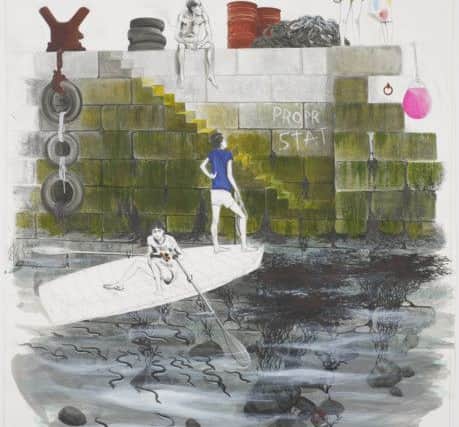 Untitled (Two Guys in Boat Approaching Quayside), 2015
139 x 113 cm Pencil, acrylic and ink on paper, by Charles Avery