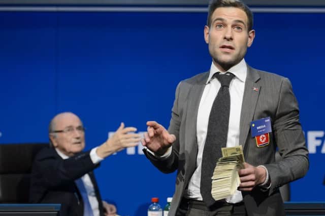 Simon Brodkin upstages Blatter only for the Twittersphere to savage him. Picture: Getty