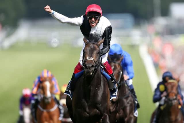 Frankie Dettori punches the air in delight after Golden Horns victory in the Epsom Derby in June. Picture: Getty Images