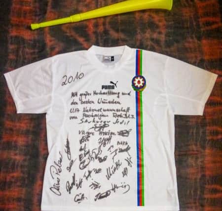The Azerbaijan Under-17 shirt, previously in the possession of Pope Benedict XVI. Picture: Joe Johnston