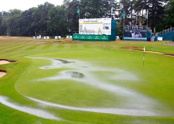 Play was suspended yesterdfay when heavy rain made Sunningdales Old Course unplayable. Picture: Getty
