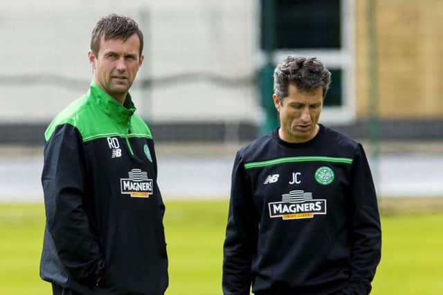 Ronny Deila and John Collins prepare for todays friendly with Rennes. Picture: SNS