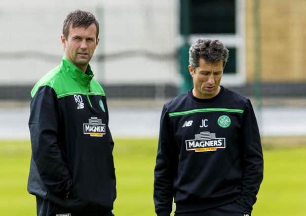 Ronny Deila and John Collins prepare for todays friendly with Rennes. Picture: SNS