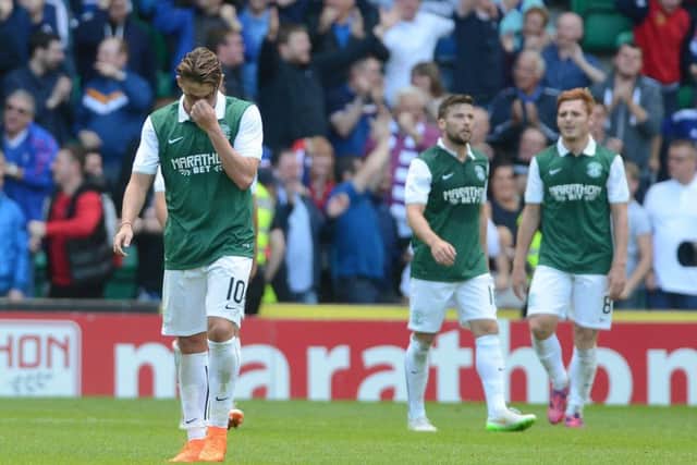 Scott Allan, left, can huff and puff all he likes, but his Hibs team-mates will not put up with his petulance for long if he does not pull his weight.  Picture: Neil Hanna