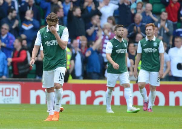 Scott Allan, left, can huff and puff all he likes, but his Hibs team-mates will not put up with his petulance for long if he does not pull his weight.  Picture: Neil Hanna