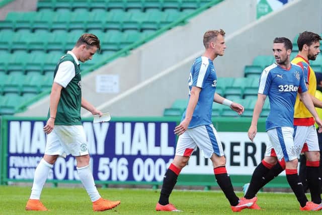 Scott Allan (left) during the Petrofac Training Cup First Round leg against Rangers at Easter Road. Picture: Neil Hanna