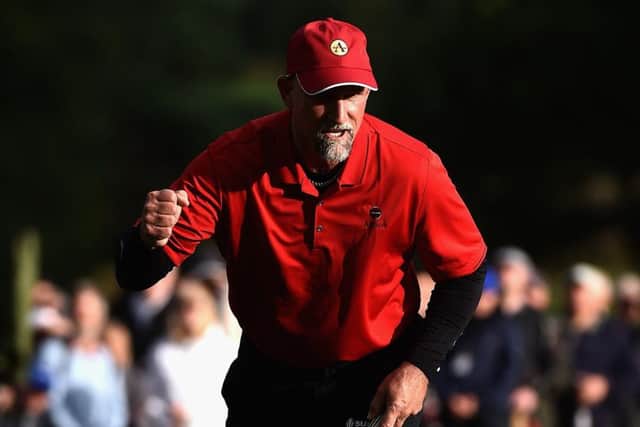 Marco Dawson celebrates after sinking the putt which gave him victory at Sunningdale. Picture: Getty Images