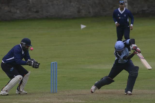 Carltons Fraser Boyd edges a drive past Grange wicketkeeper Caiden Lang at Grange Loan yesterday. Picture: Andrew OBrien