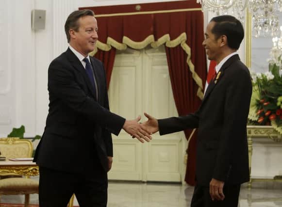 David Cameron is greeted by Indonesian president Joko Widodo in Jakarta. Picture: AP