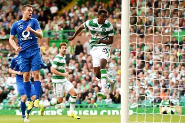 Dedryck Boyata scores the opening goal against Stjarnan at Parkhead. Picture: SNS