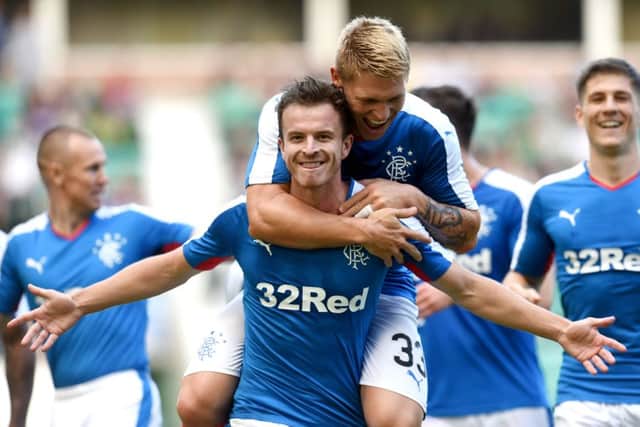 Andy Halliday celebrates his goal for Rangers during the 6-2 mauling at Easter Road. Picture: SNS