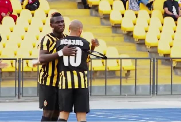 Isael congratulates Gerard Gohou on his goal in April's 4-0 win over Okzhetpes. Picture: YouTube