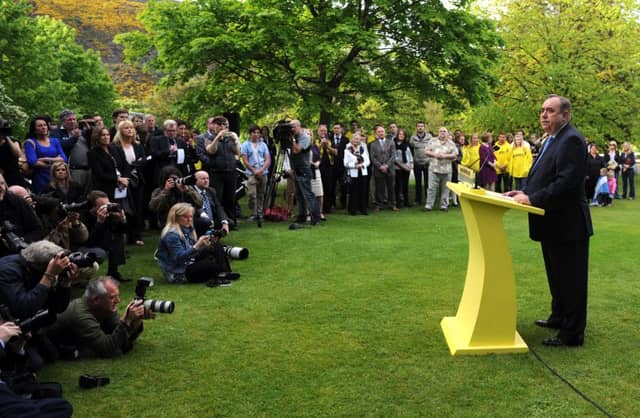 Alex Salmond gives his victory speech after the SNP won an outright majority in 2011. Picture: Jane Barlow