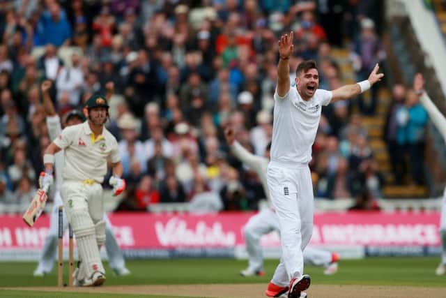 Englands James Anderson successfully appeals for an lbw against Australia opener David Warner on a day when the paceman claimed six for 47 at Edgbaston. Picture: PA