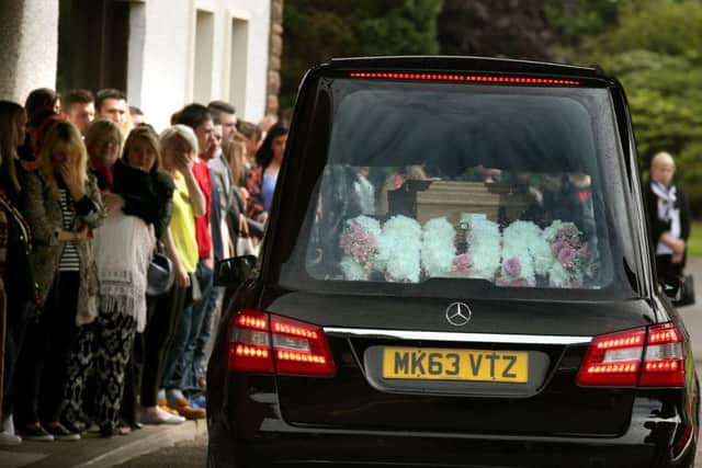 A hearse carrying the coffin of Lamara Bell arrives at Falkirk Crematorium for her funeral. Picture: PA