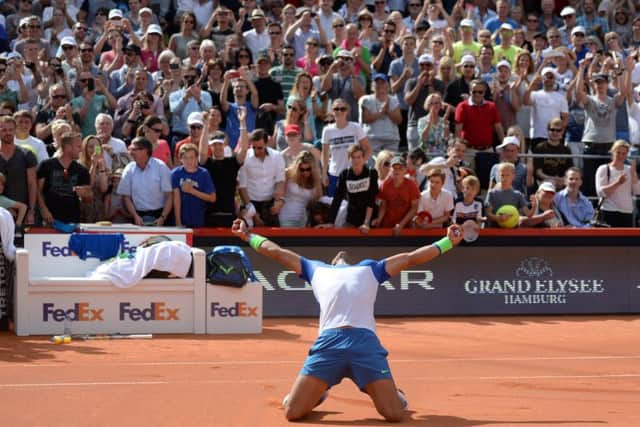Spains Rafael Nadal celebrates his mens singles victory in the Hamburg Open against Fabio Fognini of Italy. Picture: AP
