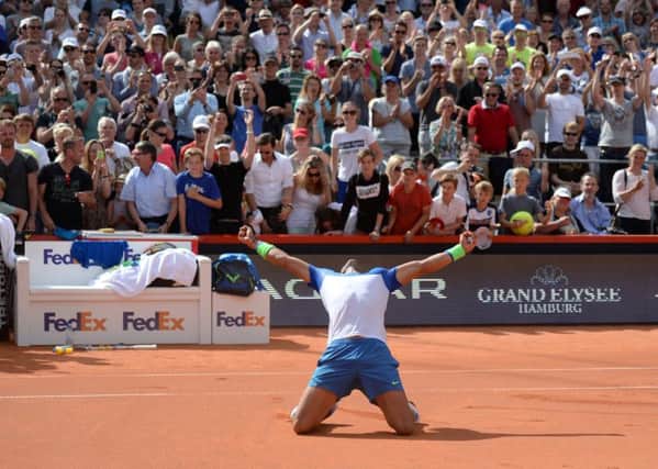 Spains Rafael Nadal celebrates his mens singles victory in the Hamburg Open against Fabio Fognini of Italy. Picture: AP