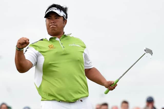 Kiradech Aphibarnrat shows his delight after a sterling performance at Murcar Links. Picture: PA
