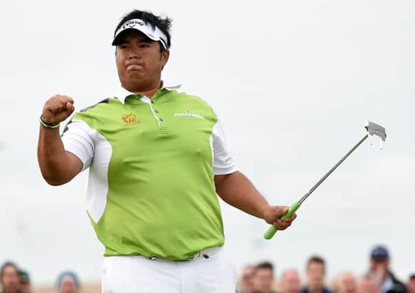 Kiradech Aphibarnrat shows his delight after a sterling performance at Murcar Links. Picture: PA